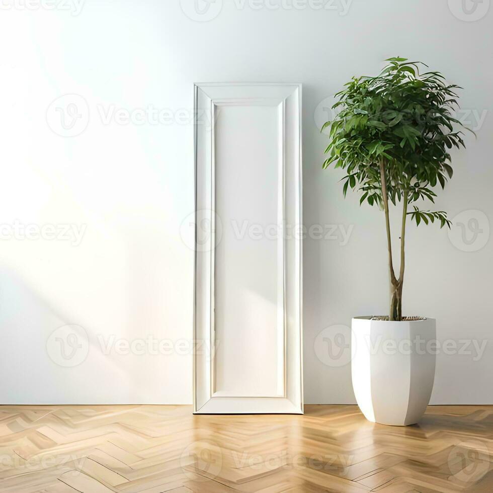 Two potted plants in front of a blank picture frame, white canvas background ,white studio background, a minimalist painting, white ambient background ,white frame border. AI Generative photo