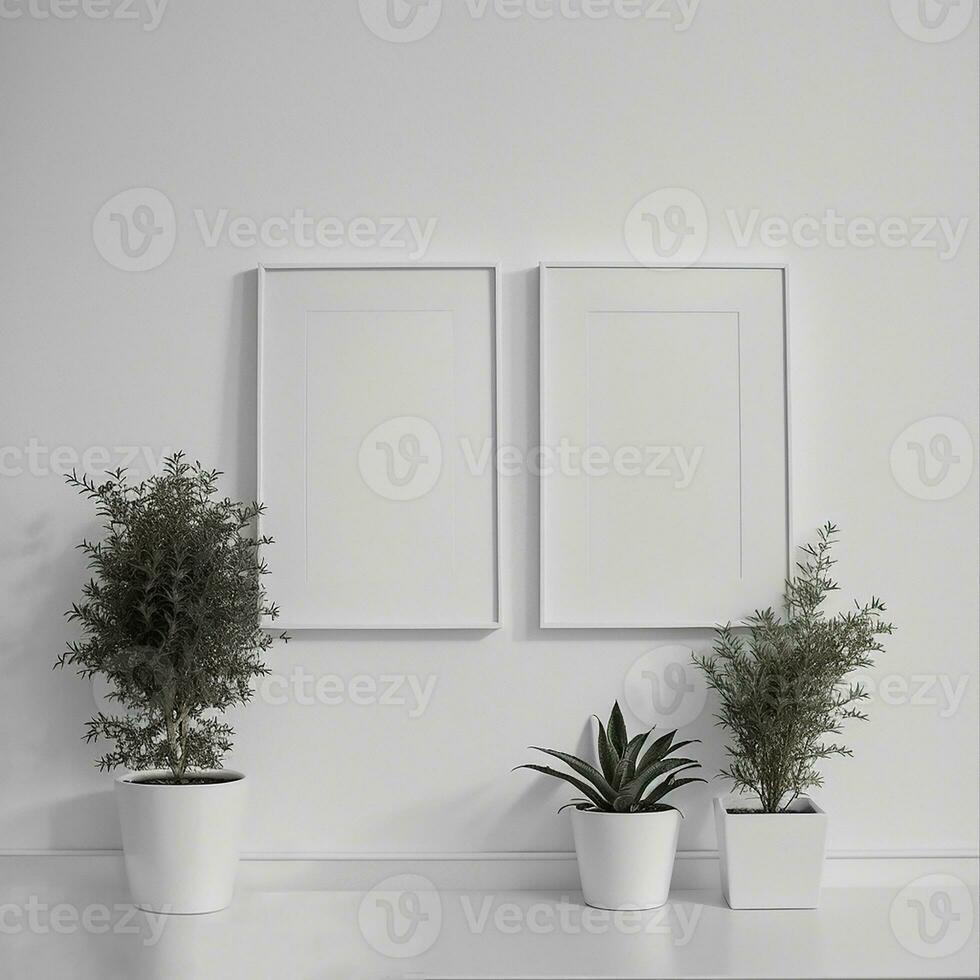 Two potted plants in front of a blank picture frame, white canvas background ,white studio background, a minimalist painting, white ambient background ,white frame border. AI Generative photo