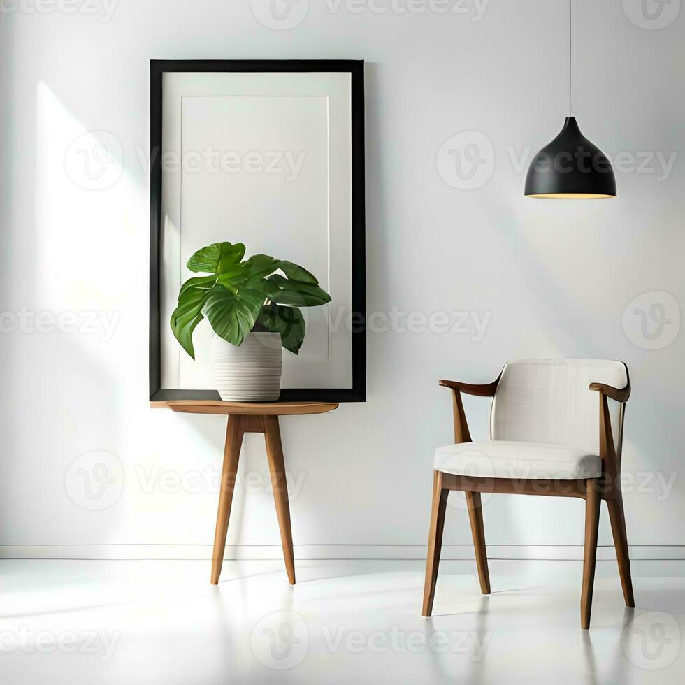 Two potted plants in front of a blank picture frame, white canvas background ,white studio background, a minimalist painting, white ambient background ,white frame border. AI Generative photo