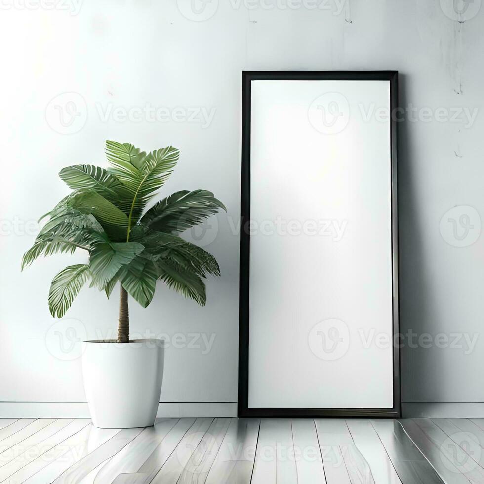 Two potted plants in front of a blank picture frame, white canvas background ,white studio background, a minimalist painting, white ambient background ,white frame border. AI Generative photo