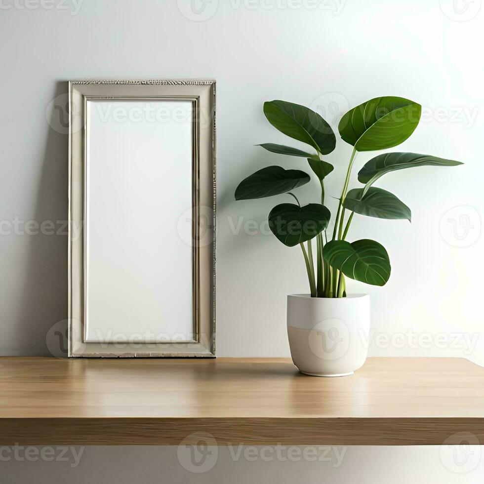 Two potted plants in front of a blank picture frame, white canvas background ,white studio background, a minimalist painting, white ambient background ,white frame border. AI Generative photo