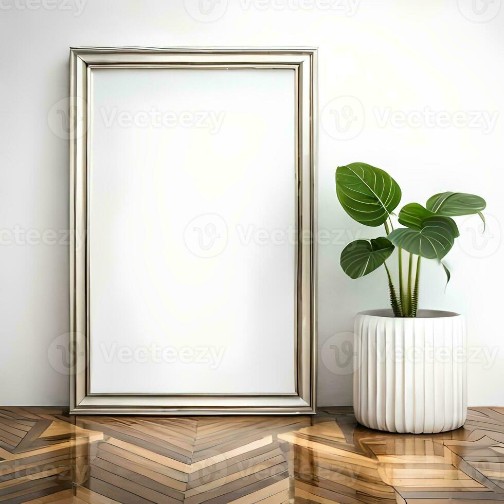 Two potted plants in front of a blank picture frame, white canvas background ,white studio background, a minimalist painting, white ambient background ,white frame border. AI Generative photo