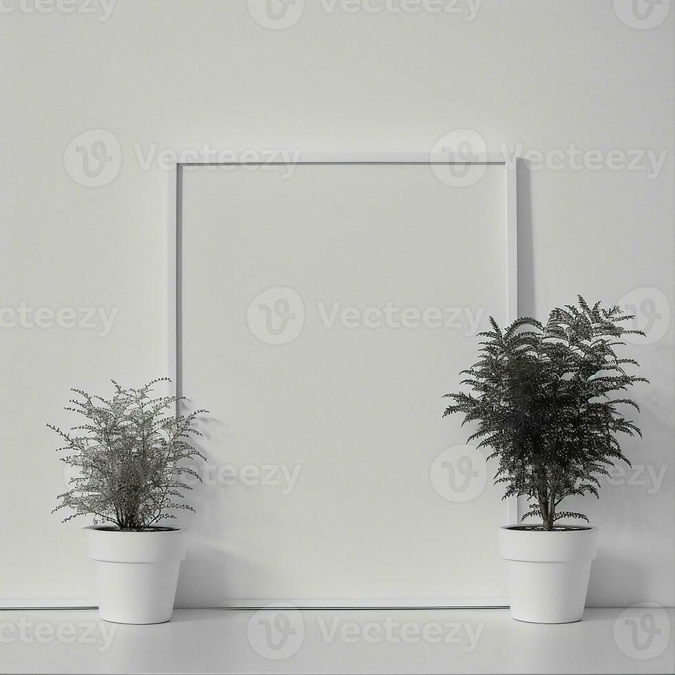 Two potted plants in front of a blank picture frame, white canvas background ,white studio background, a minimalist painting, white ambient background ,white frame border. AI Generative photo