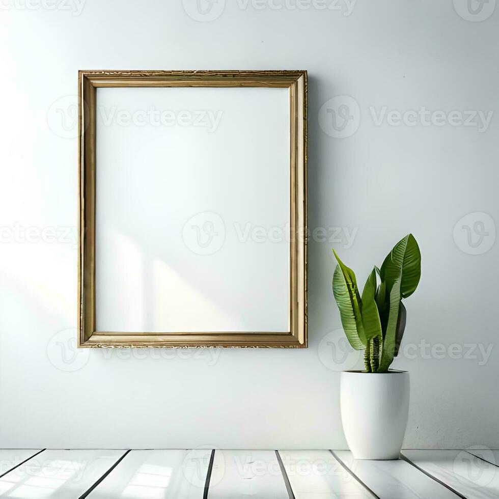 Two potted plants in front of a blank picture frame, white canvas background ,white studio background, a minimalist painting, white ambient background ,white frame border. AI Generative photo