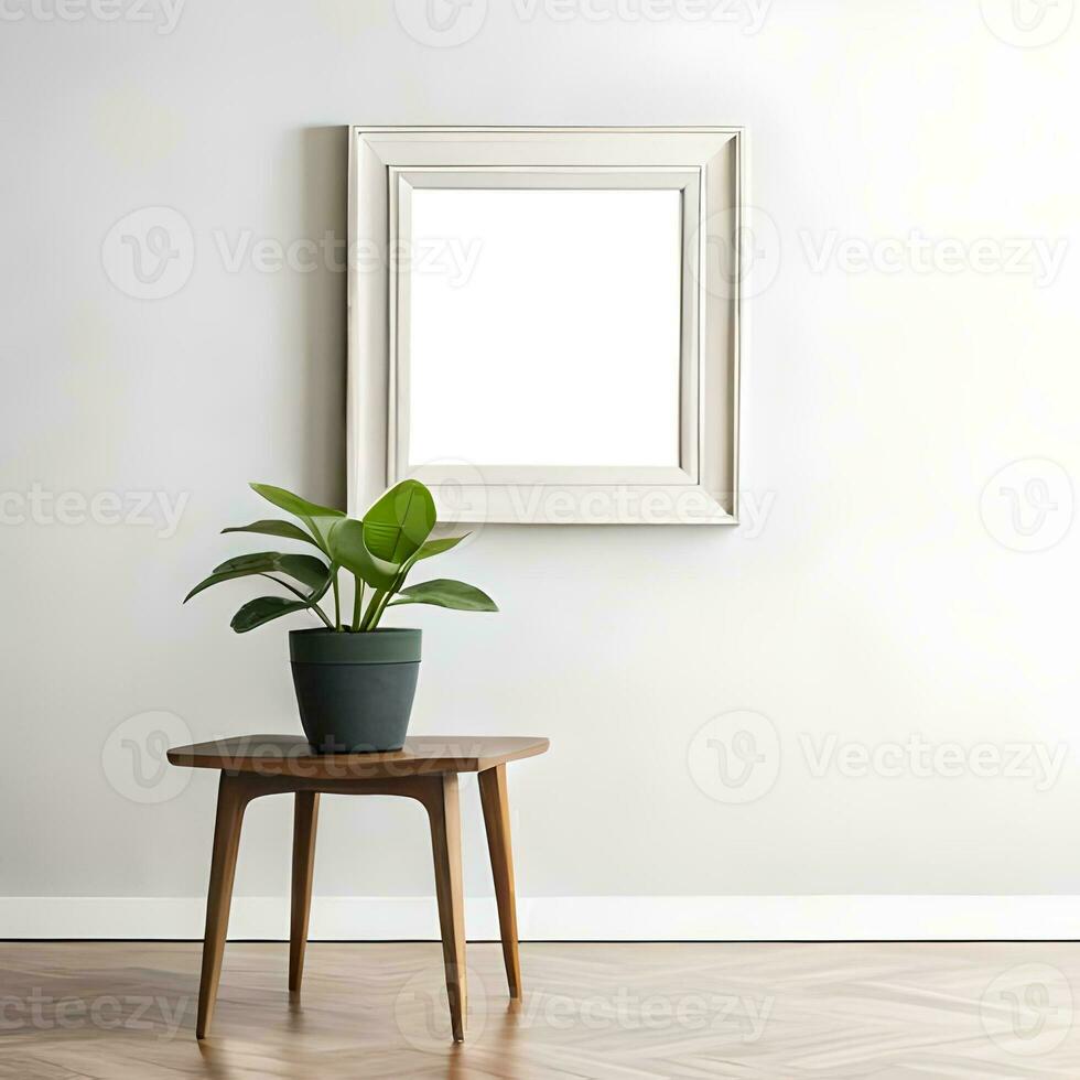 Two potted plants in front of a blank picture frame, white canvas background ,white studio background, a minimalist painting, white ambient background ,white frame border. AI Generative photo