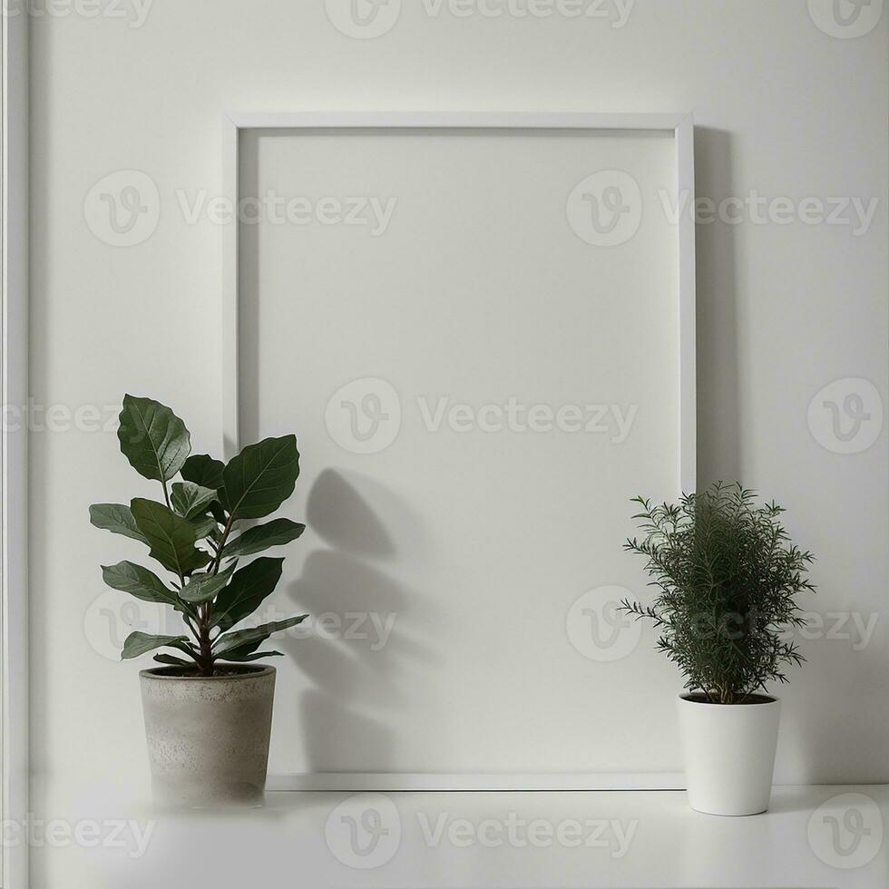 Two potted plants in front of a blank picture frame, white canvas background ,white studio background, a minimalist painting, white ambient background ,white frame border. AI Generative photo