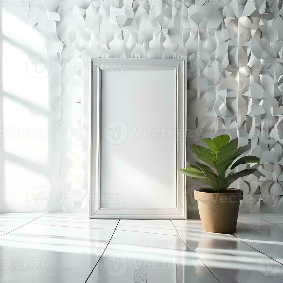 Two potted plants in front of a blank picture frame, white canvas background ,white studio background, a minimalist painting, white ambient background ,white frame border. AI Generative photo