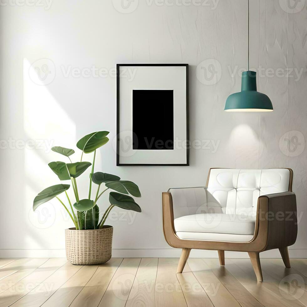 Two potted plants in front of a blank picture frame, white canvas background ,white studio background, a minimalist painting, white ambient background ,white frame border. AI Generative photo