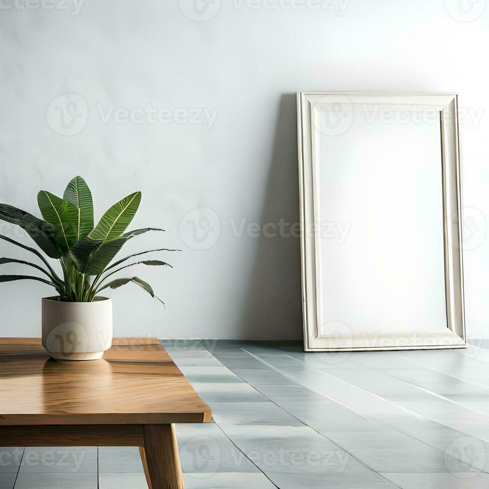 Two potted plants in front of a blank picture frame, white canvas background ,white studio background, a minimalist painting, white ambient background ,white frame border. AI Generative photo