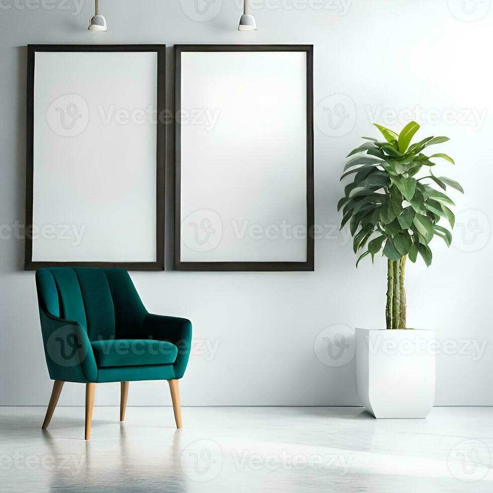 Two potted plants in front of a blank picture frame, white canvas background ,white studio background, a minimalist painting, white ambient background ,white frame border. AI Generative photo