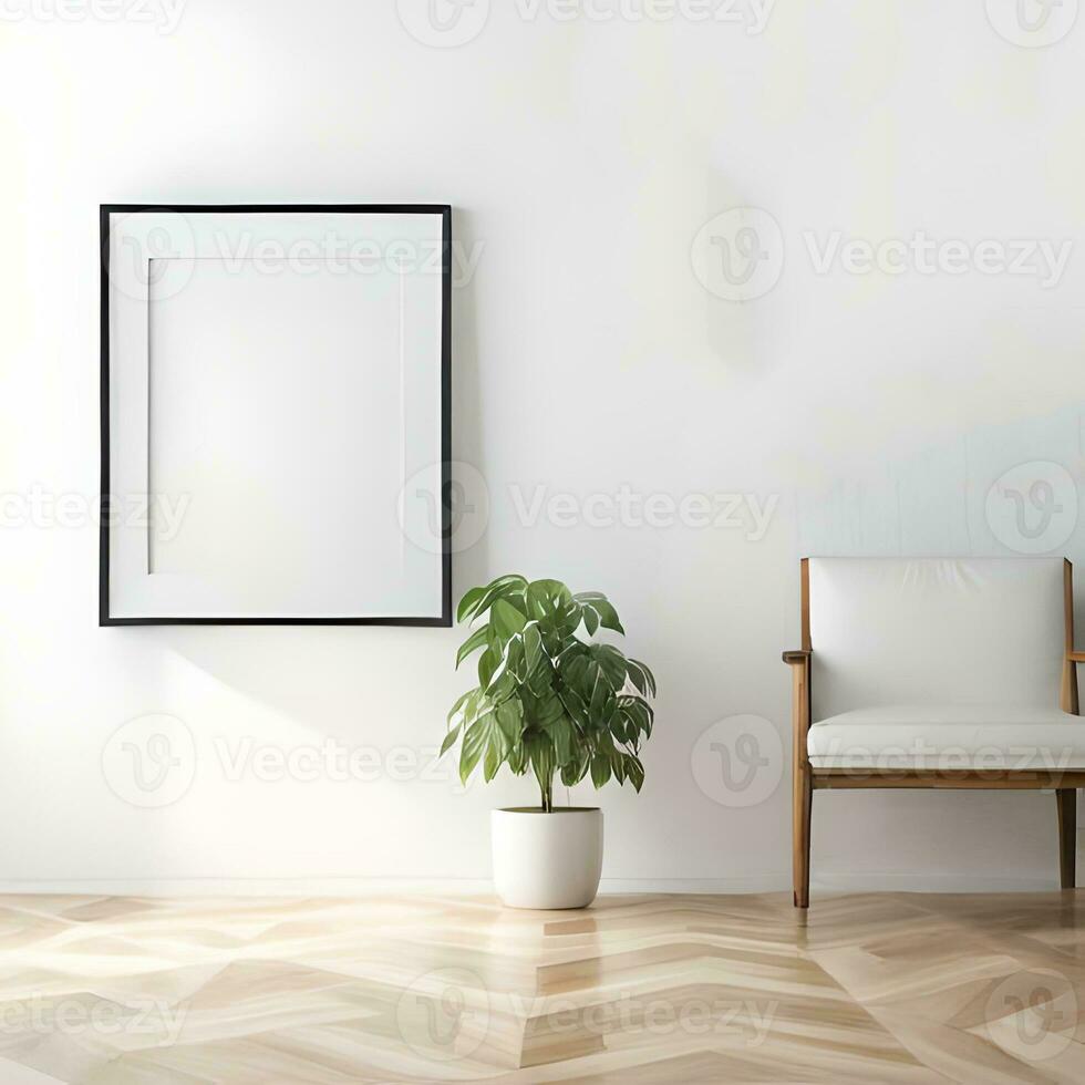 Two potted plants in front of a blank picture frame, white canvas background ,white studio background, a minimalist painting, white ambient background ,white frame border. AI Generative photo