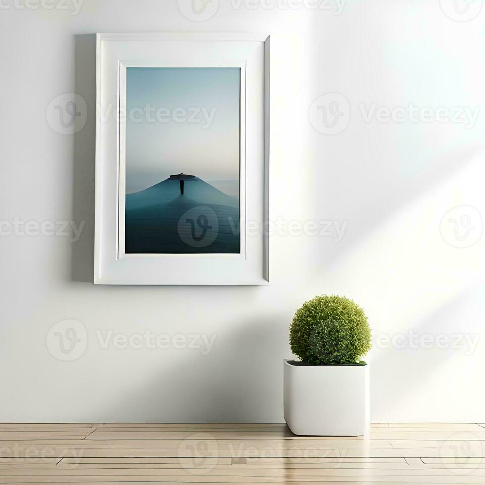 Two potted plants in front of a blank picture frame, white canvas background ,white studio background, a minimalist painting, white ambient background ,white frame border. AI Generative photo