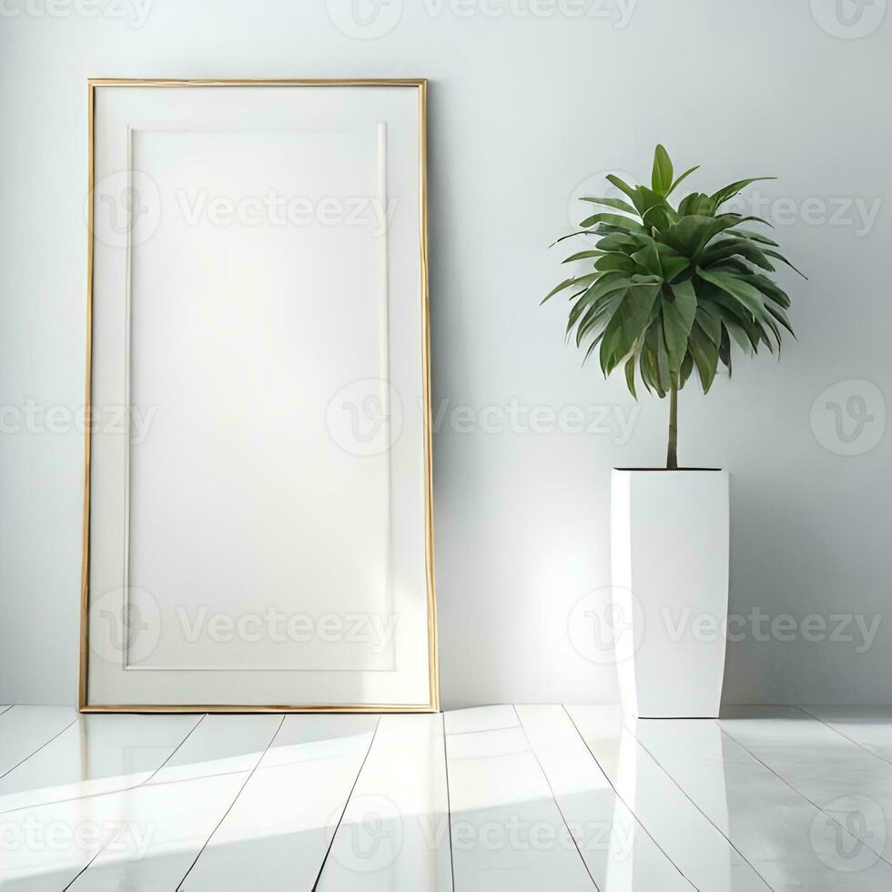 Two potted plants in front of a blank picture frame, white canvas background ,white studio background, a minimalist painting, white ambient background ,white frame border. AI Generative photo