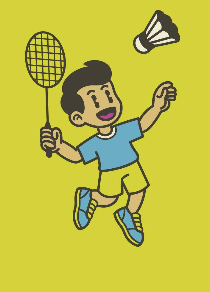 Joyful Boy Playing Badminton Cartoon Vintage vector