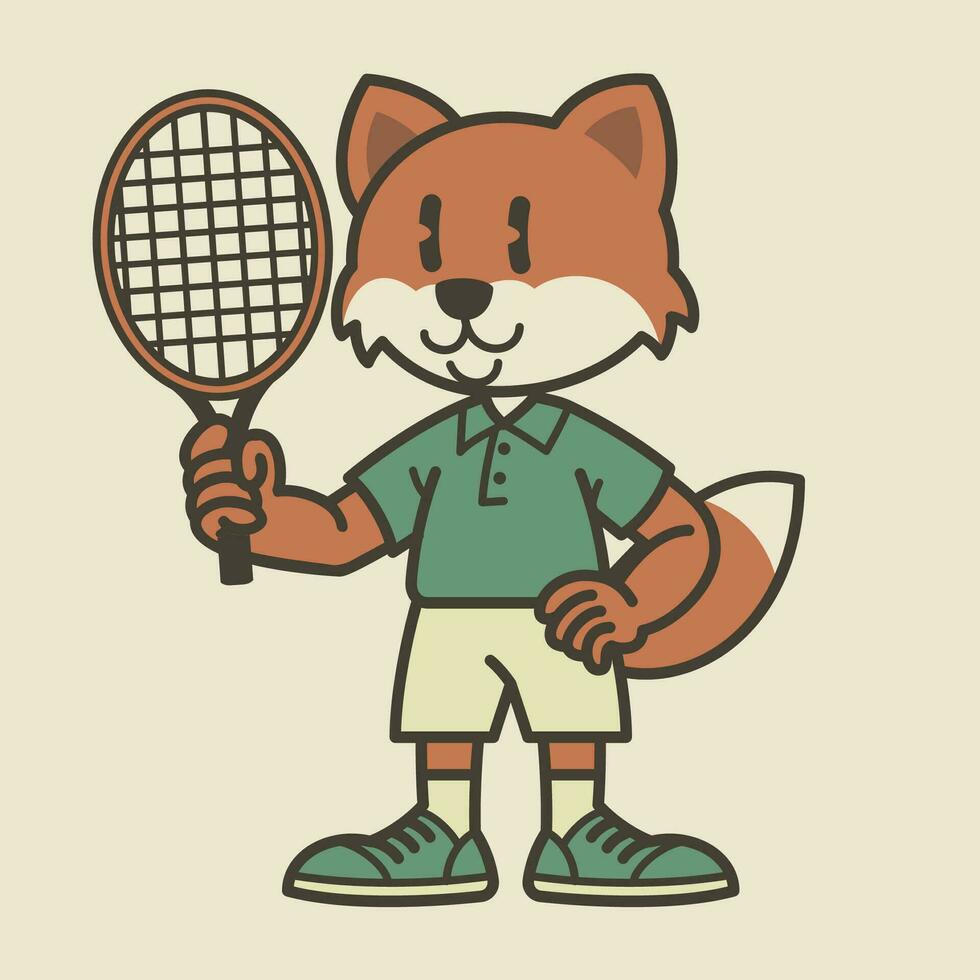 Happy Tennis Fox Player Cartoon Vintage vector