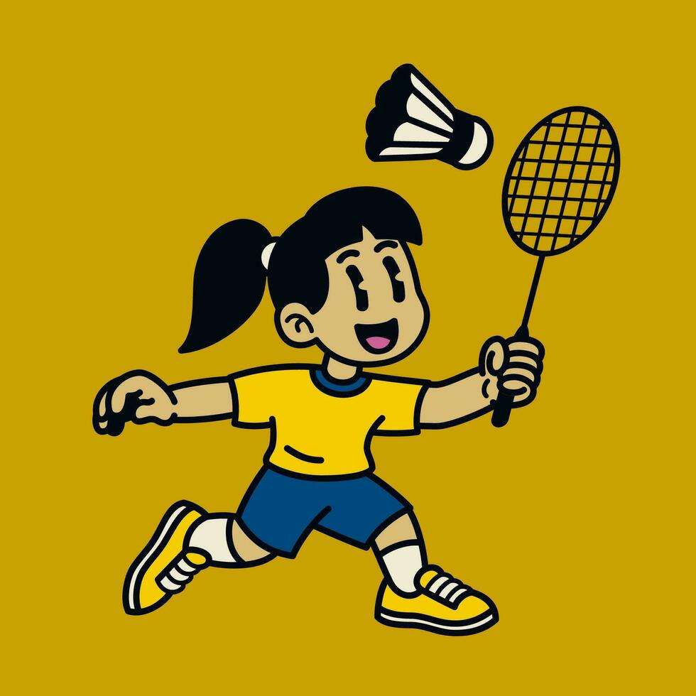 contento niña jugando bádminton dibujos animados vector