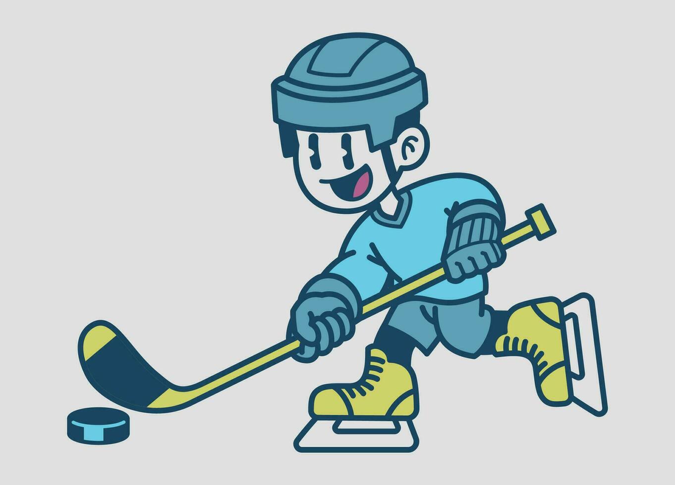contento niño jugando hockey dibujos animados en Clásico estilo vector