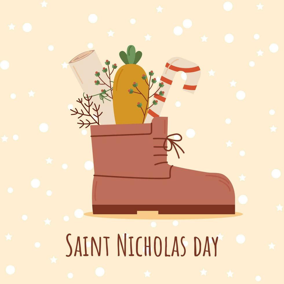 Saint Nicholas Day. Greeting Card with shoe with carrot, note, lollipop candy. Vector flat illustration.