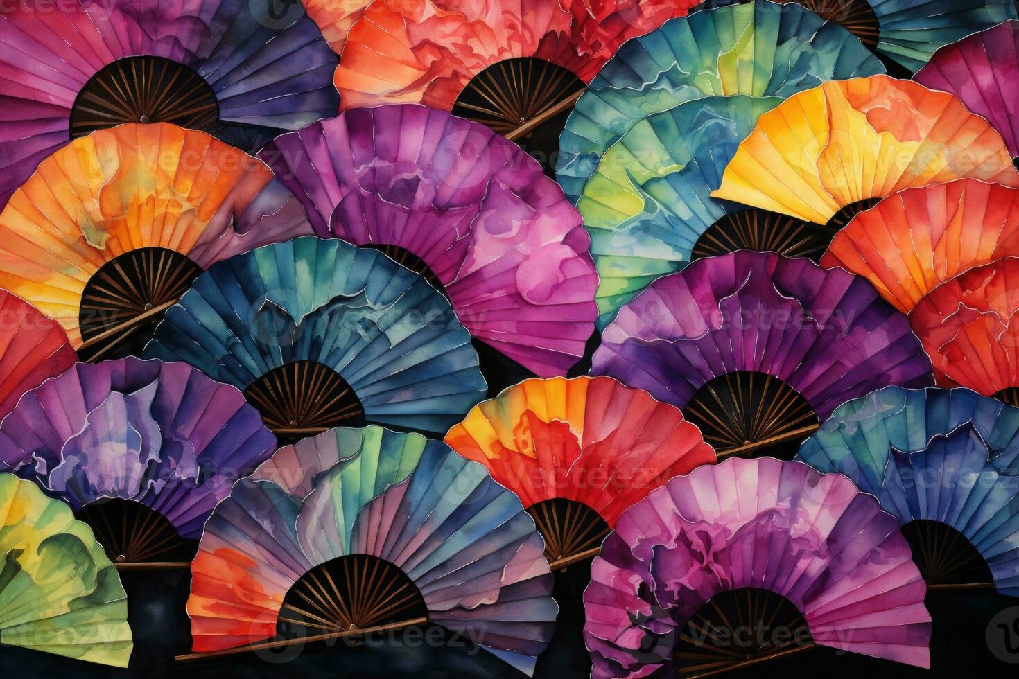 Festive fans in Chinese and Japanese style. Watercolor texture photo