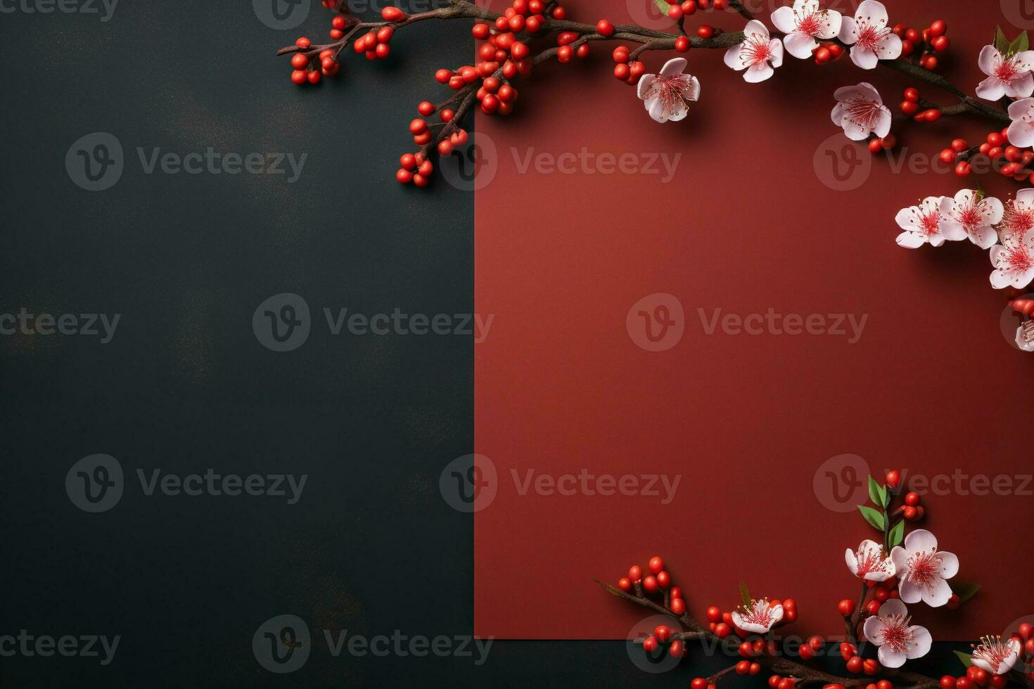 Red blank sheet for congratulations with a sakura branch. Congratulatory background photo