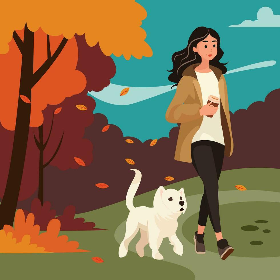 Autumn walk in the park with dog vector illustration