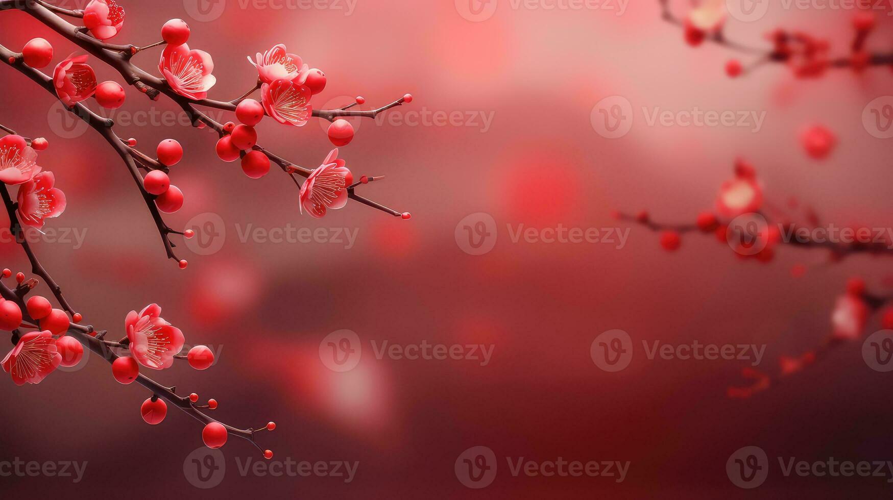 Chinese New Year Red Background with Plum Blossom and 3D Lantern Elements AI generated photo