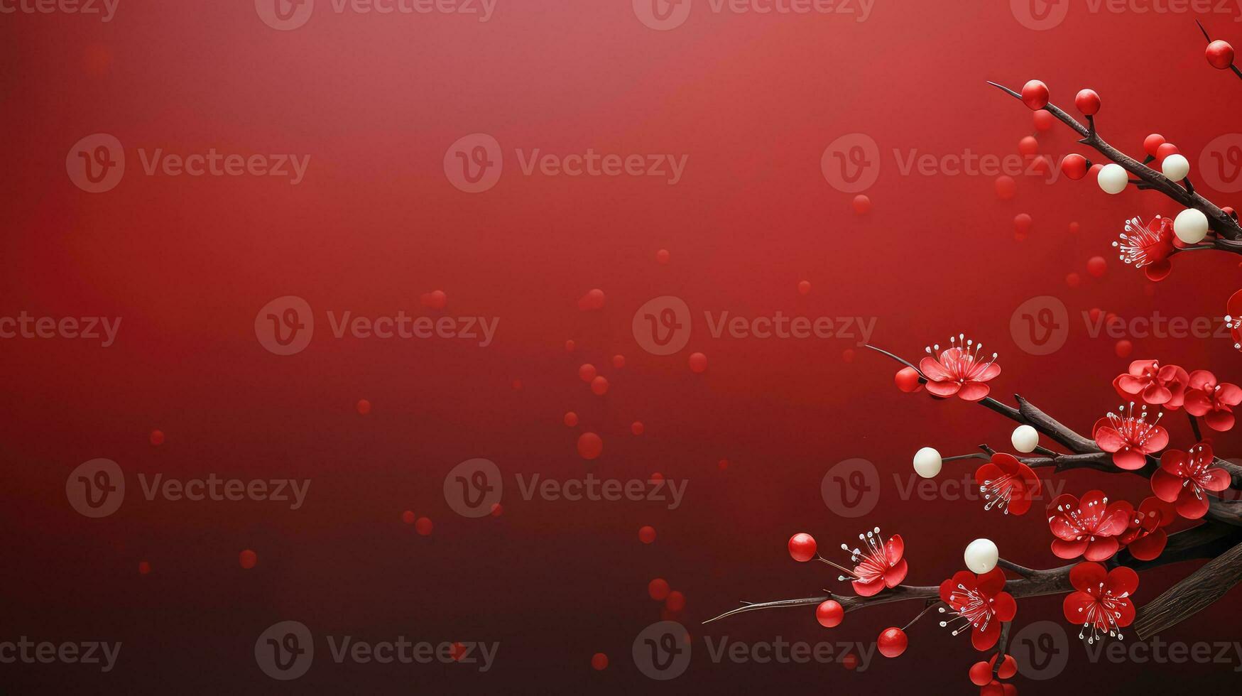 Chinese New Year Red Background with Plum Blossom and 3D Lantern Elements AI generated photo