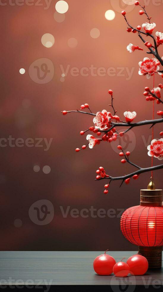 Chinese New Year Red Background with Plum Blossom and 3D Lantern Elements AI generated photo