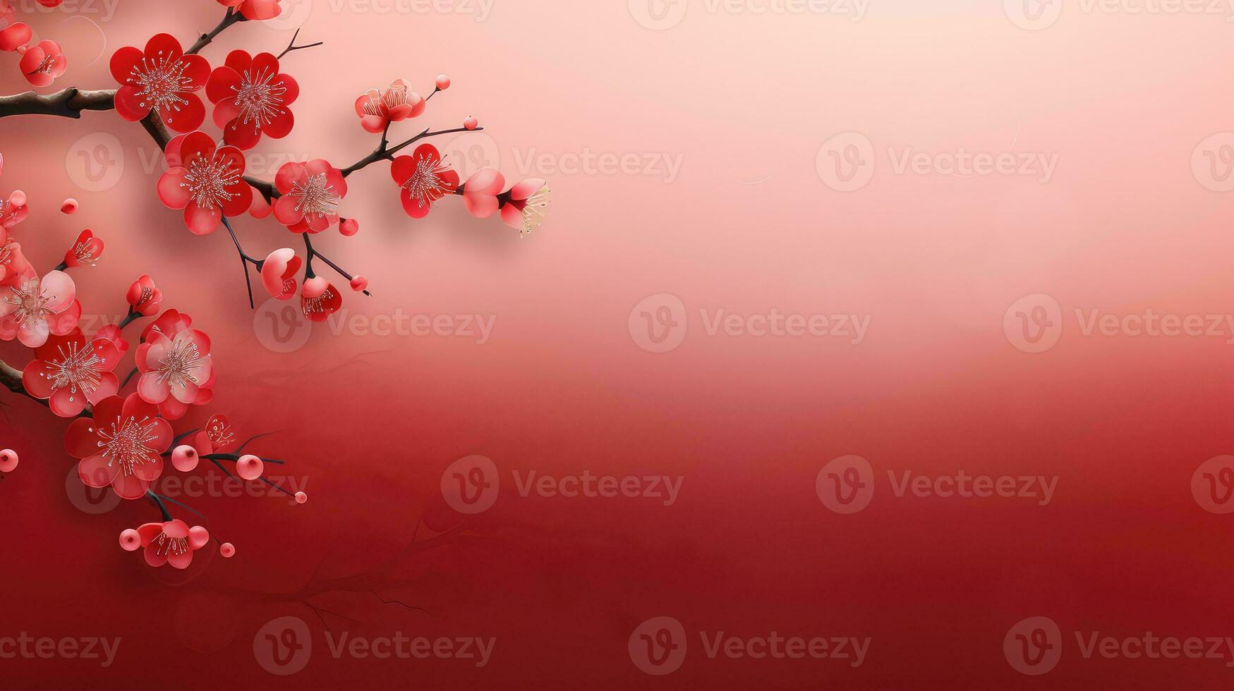 Chinese New Year Red Background with Plum Blossom and 3D Lantern Elements AI generated photo