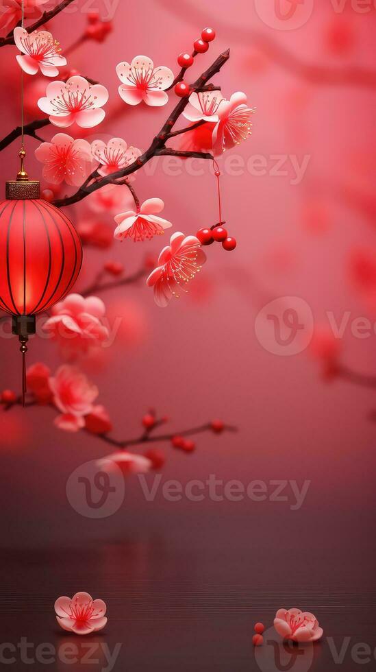 Chinese New Year Red Background with Plum Blossom and 3D Lantern Elements AI generated photo