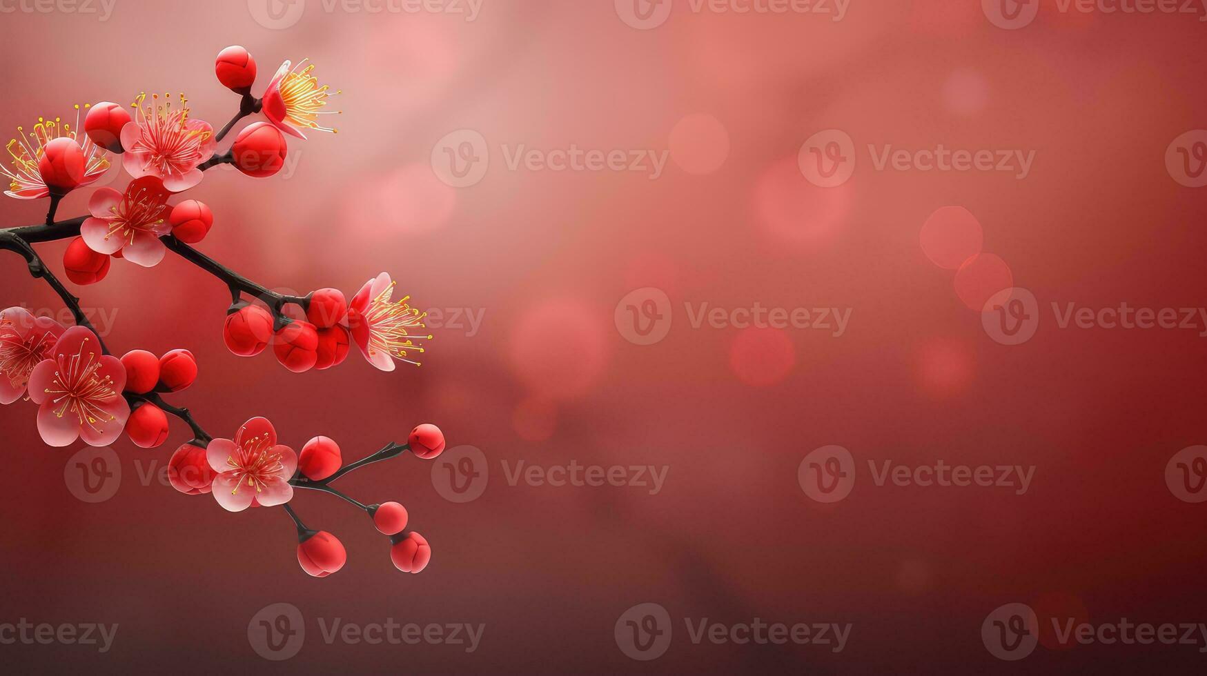 Chinese New Year Red Background with Plum Blossom and 3D Lantern Elements AI generated photo