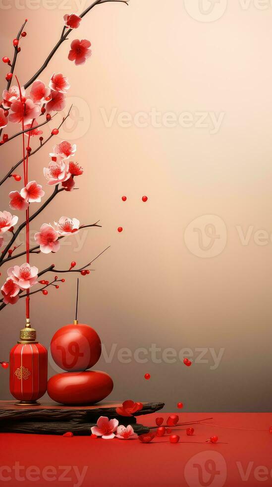 Chinese New Year Red Background with Plum Blossom and 3D Lantern Elements AI generated photo