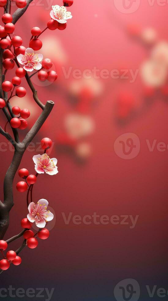 Chinese New Year Red Background with Plum Blossom and 3D Lantern Elements AI generated photo