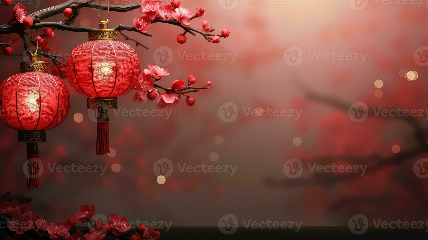 Chinese New Year Red Background with Plum Blossom and 3D Lantern Elements AI generated photo