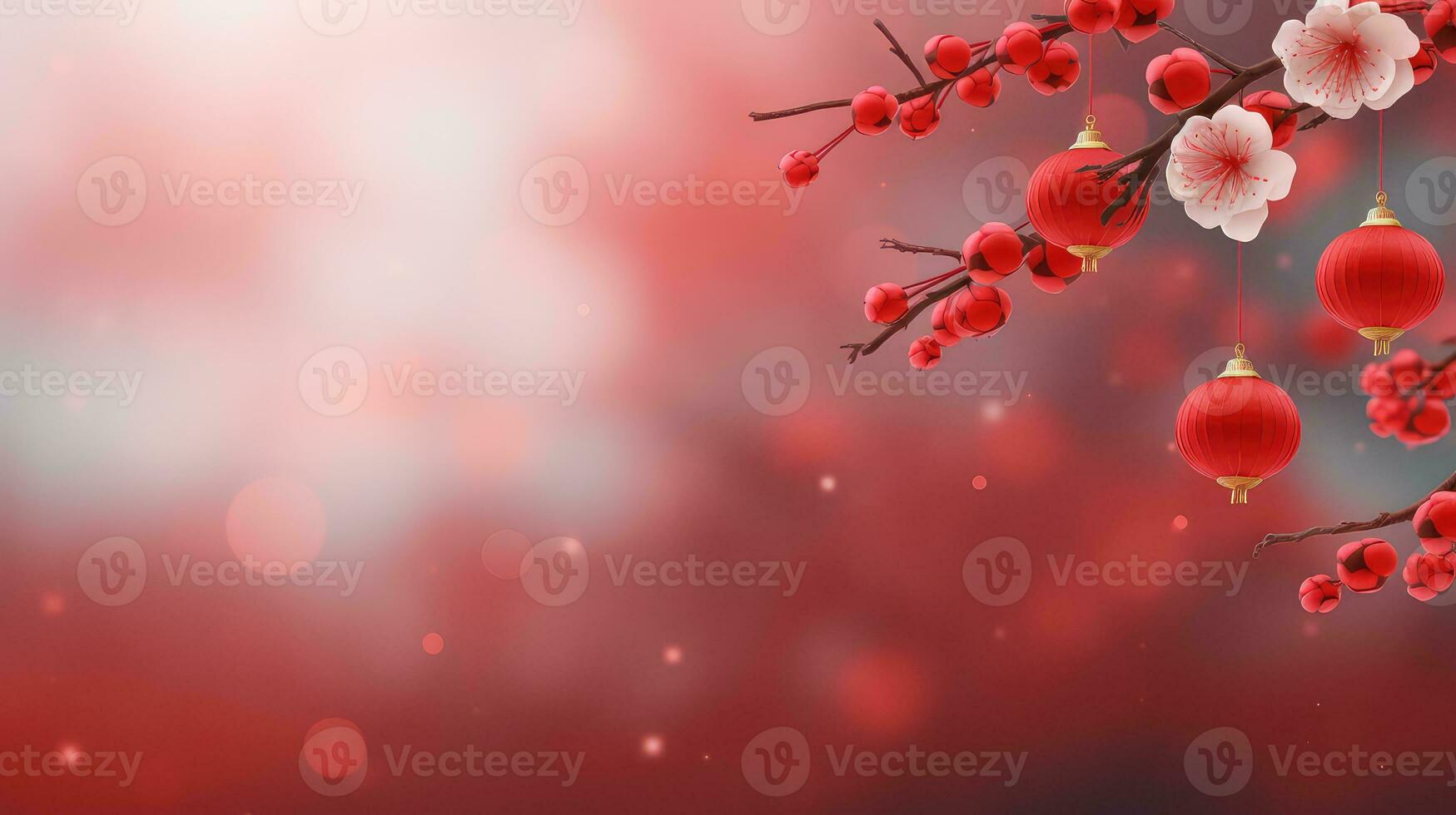 Chinese New Year Red Background with Plum Blossom and 3D Lantern Elements AI generated photo