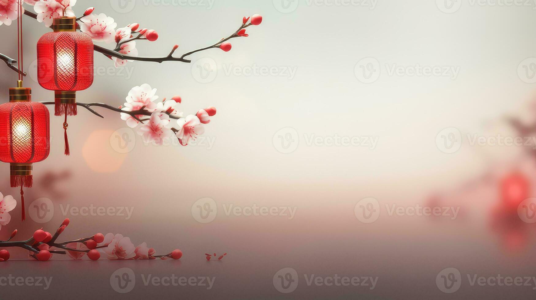 Chinese New Year Red Background with Plum Blossom and 3D Lantern Elements AI generated photo