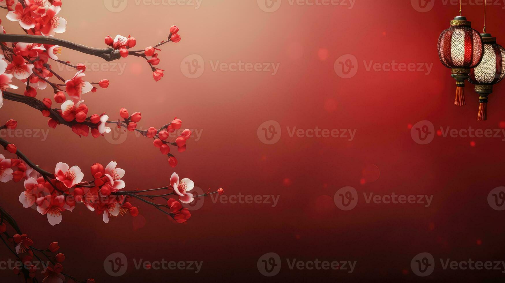 Chinese New Year Red Background with Plum Blossom and 3D Lantern Elements AI generated photo