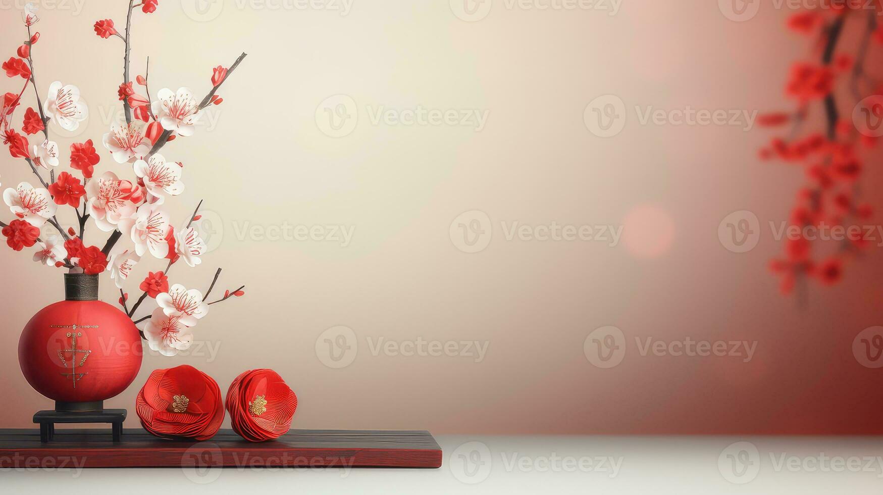 Chinese New Year Red Background with Plum Blossom and 3D Lantern Elements AI generated photo