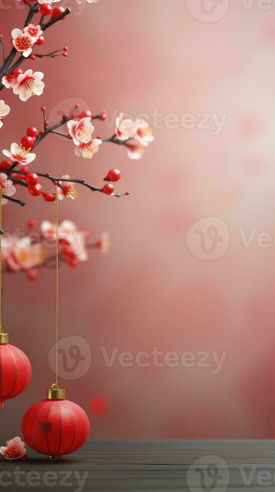 Chinese New Year Red Background with Plum Blossom and 3D Lantern Elements AI generated photo