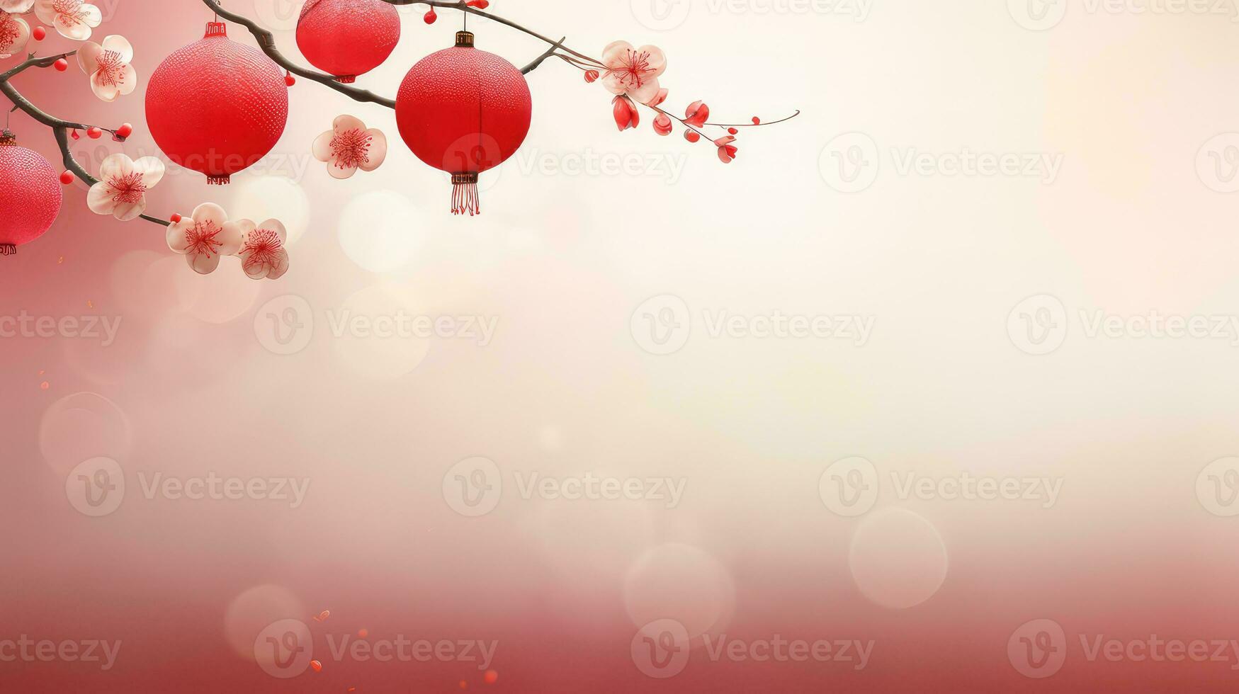 Chinese New Year Red Background with Plum Blossom and 3D Lantern Elements AI generated photo