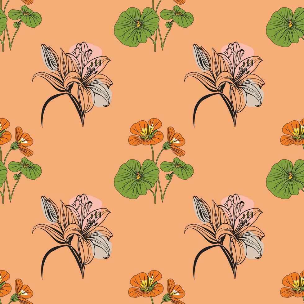 Flower flat style seamless pattern, vector design,