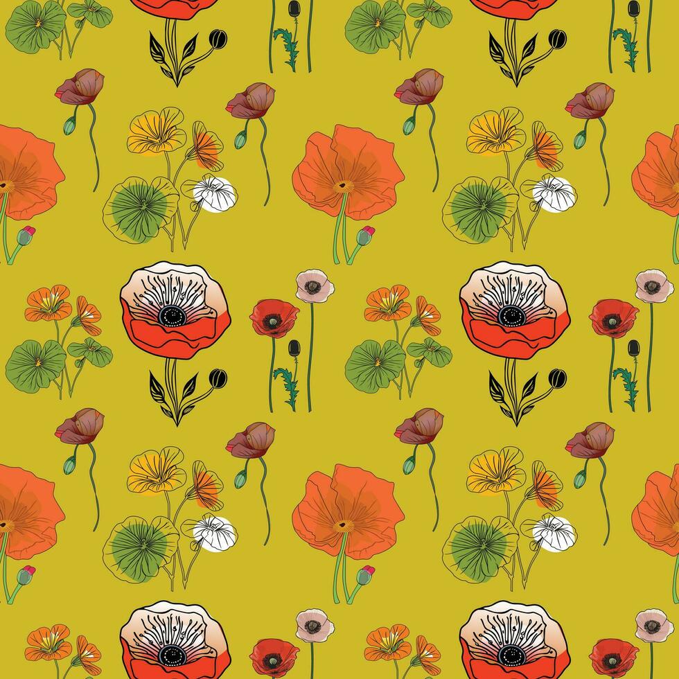 Flower flat style seamless pattern, vector design,
