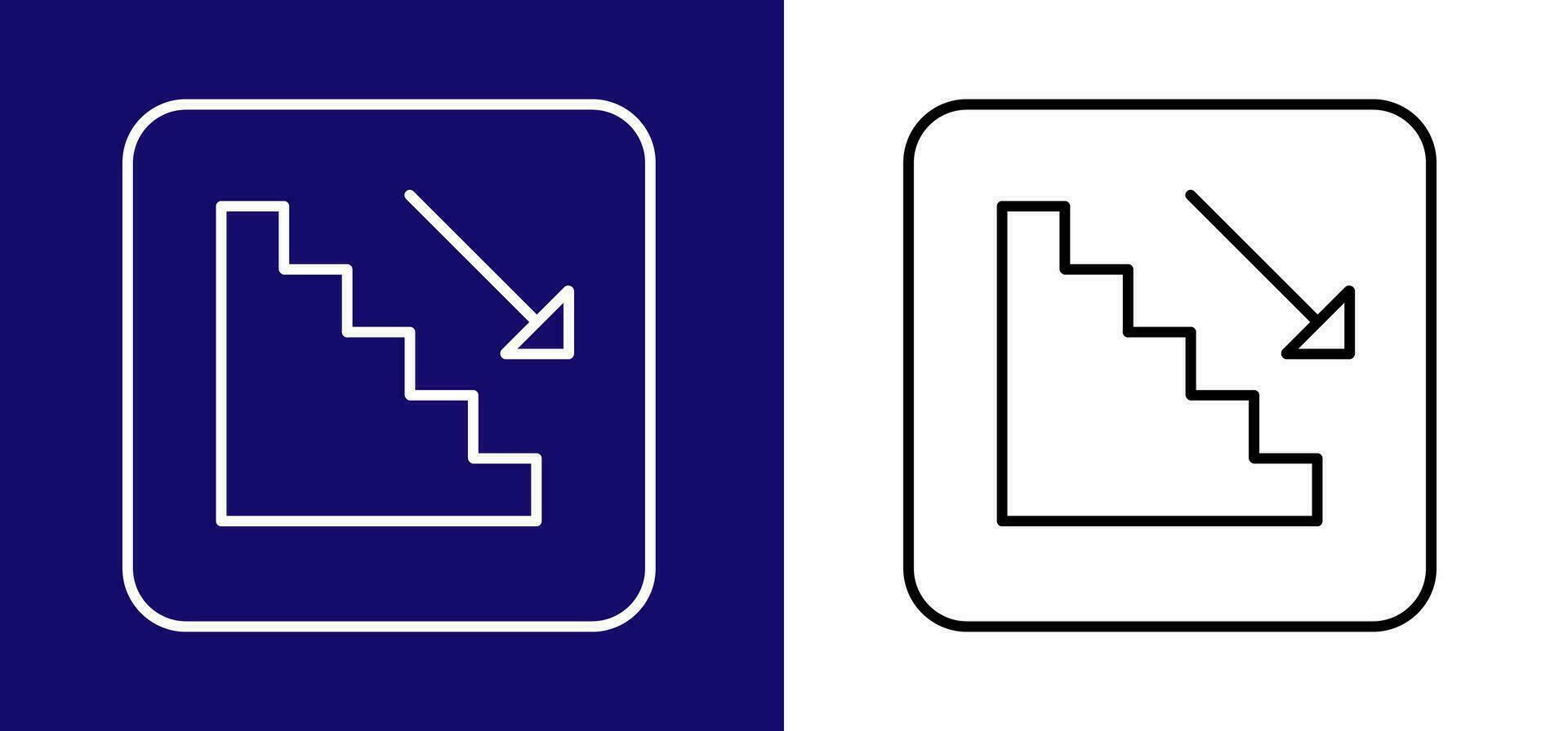 Stairs icon to the left with down arrow. Available in two colors blue, white and white, black. vector