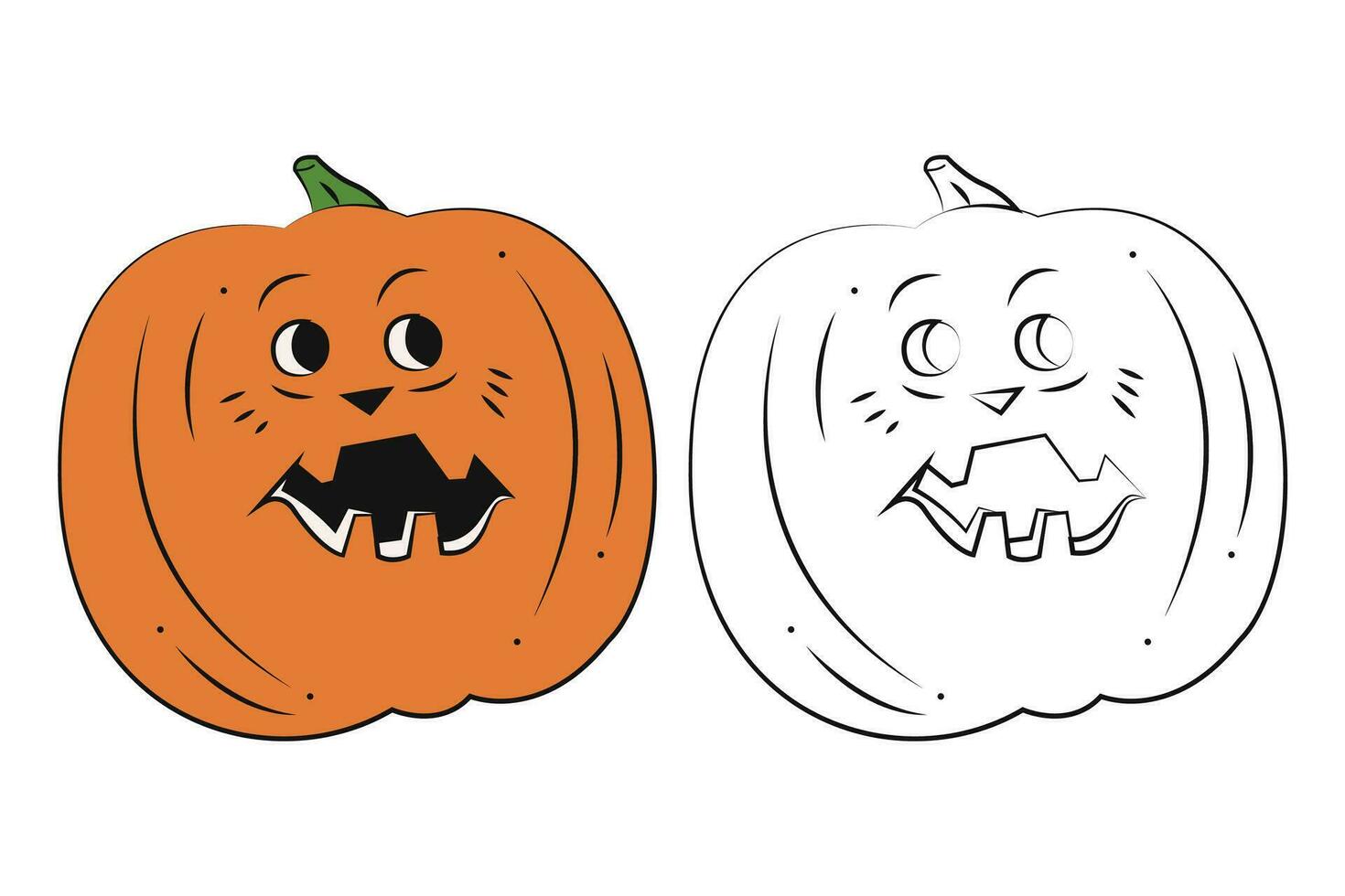 Small set with scary Halloween pumpkins. Color, black and white flat vector illustration.