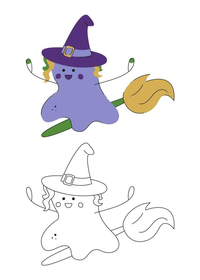 Small set of cute Halloween spirits wearing a witch hat, flying on a broom. Color, black and white flat vector illustration.