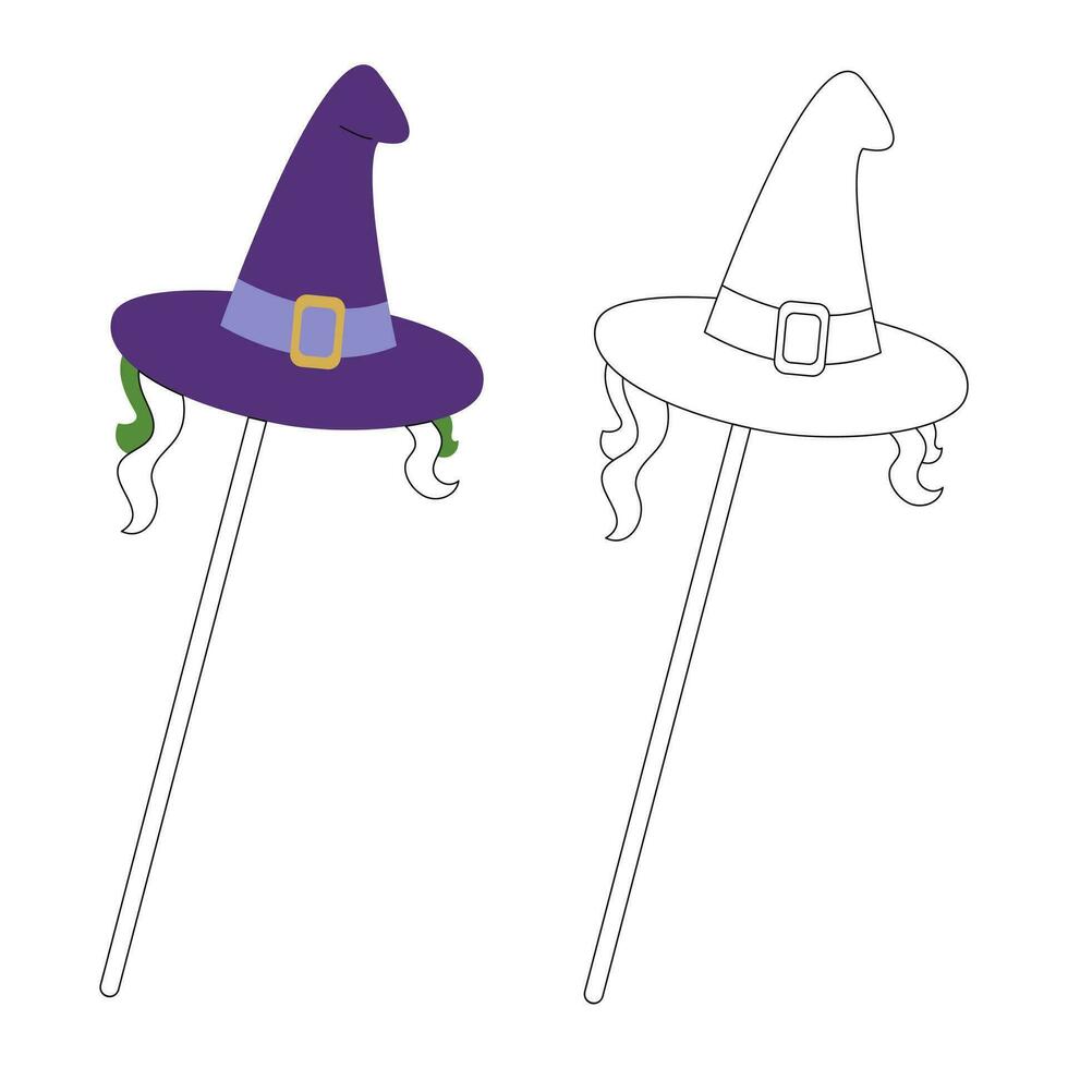 Small set with two funny carnival masks like a witch hat. Color, black and white flat vector illustration.