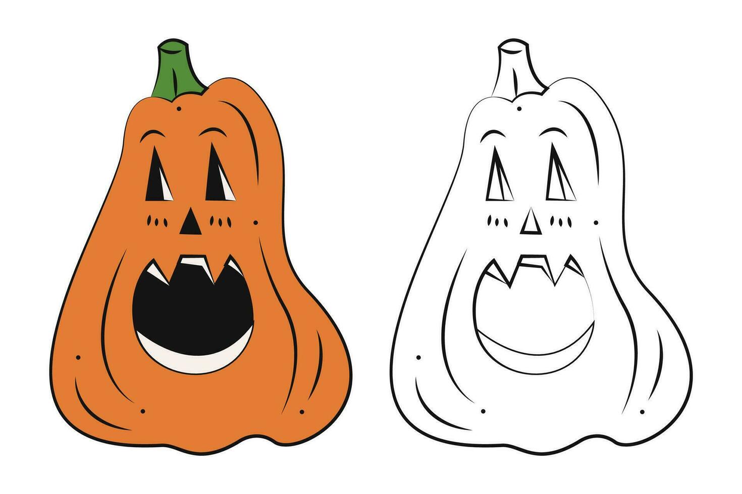 Small set with two Halloween pumpkins. Color, black and white flat vector illustration.