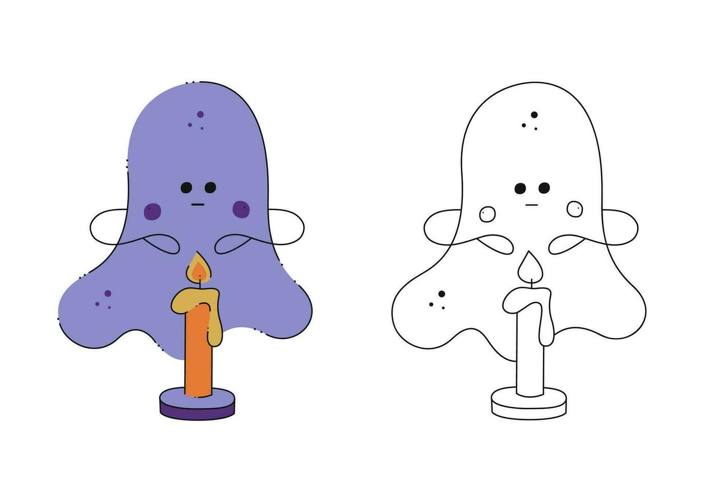 Small set of cute Halloween spirits with candle. Color, black and white flat vector illustration.