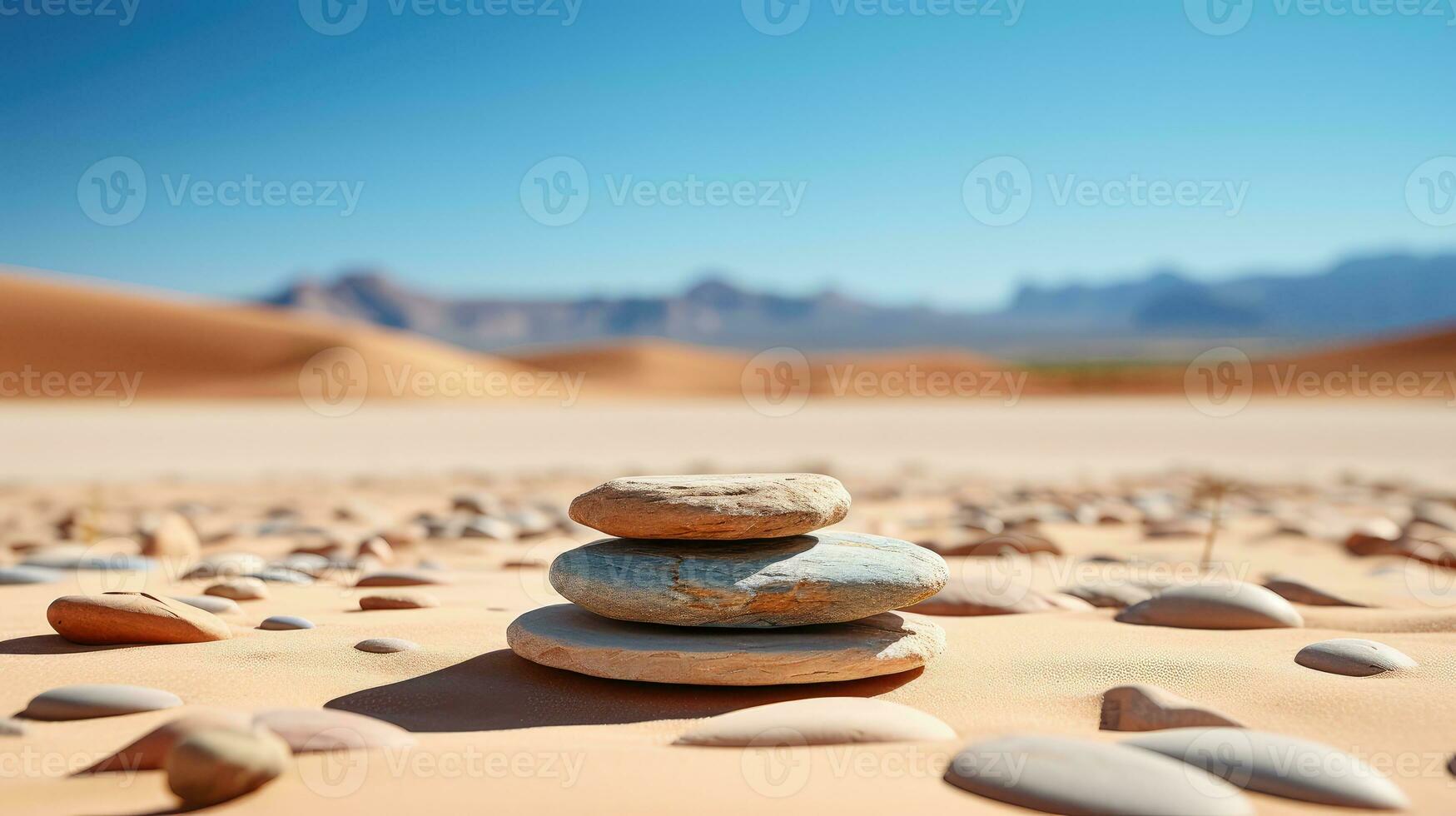 Minimalistic zen stone background in desert. AI generated photo