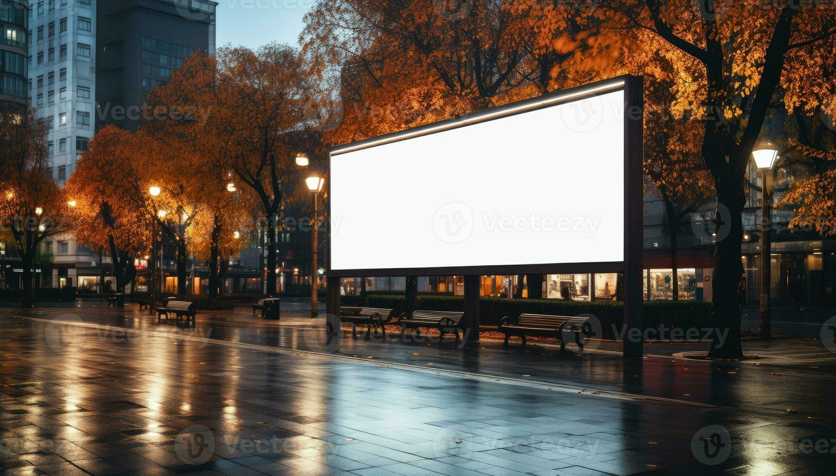 Empty billboard on a big city street in the evening. AI generated photo